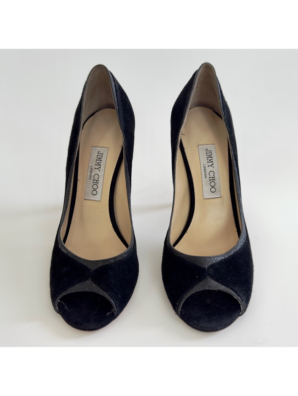✨Jimmy Choo Black Suede Peep Toe Glitter Trim High Heel Pumps Size 38 Italy